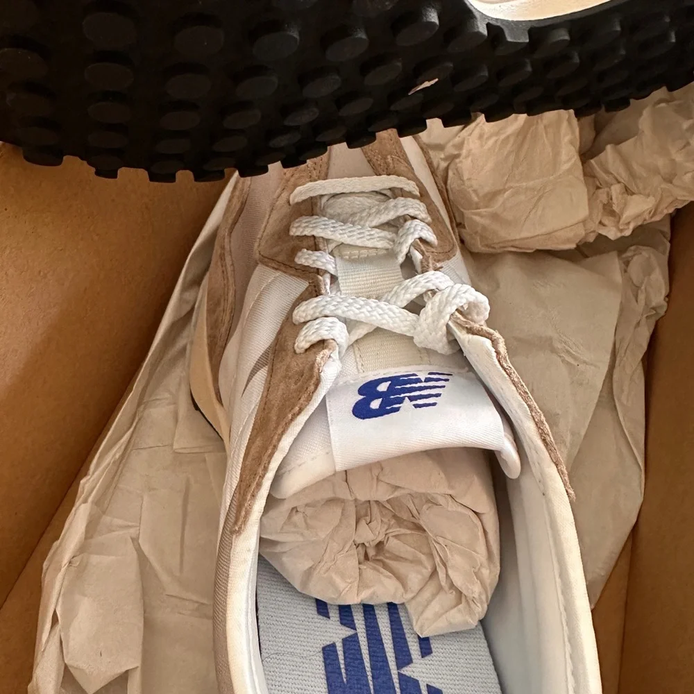 New Balance 327 Tan and White Athletic Shoes - Picture 4 of 5